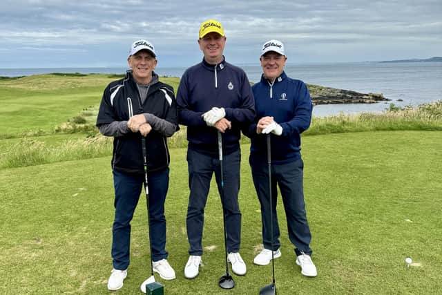 Stephen Kelly with, Brett Kirby and Stewart Murdoch, visitors from Melbourne, Australia, at Greencastle Golf Club on Tuesday.