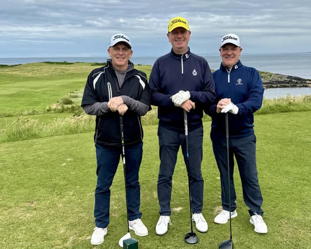 Stephen Kelly with, Brett Kirby and Stewart Murdoch, visitors from Melbourne, Australia, at Greencastle Golf Club on Tuesday.