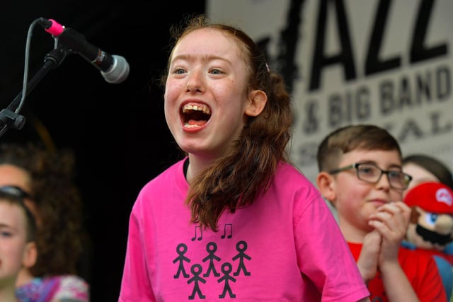 A pupil from Ardnashee School’s Band singing during the school’s performance at the Gay McIntyre stage on Saturday afternoon.  Photo: George Sweeney.  DER2317GS – 157
