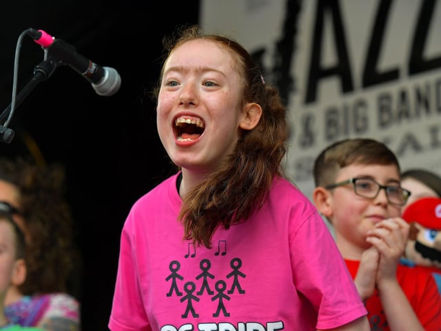 A pupil from Ardnashee School’s Band singing during the school’s performance at the Gay McIntyre stage on Saturday afternoon.  Photo: George Sweeney.  DER2317GS – 157