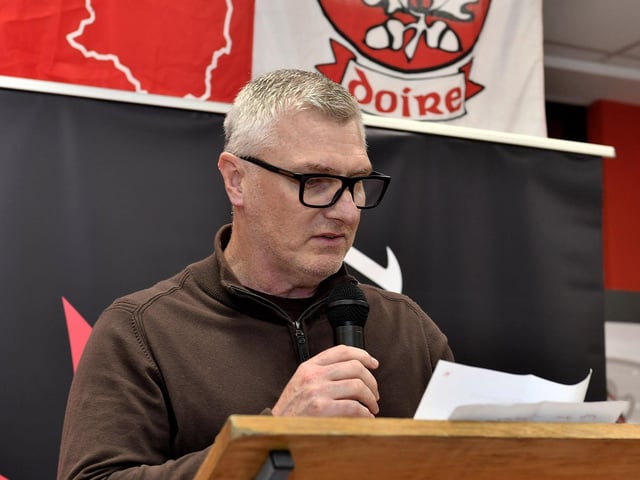 John Tumilty, O'Neill's Sportswear, speaking at the launch of Derry's new home and away jersey, for the 2026/2027 season, at O'Neill's sports store in Waterloo Place on Thursday evening. Photo: George Sweeney