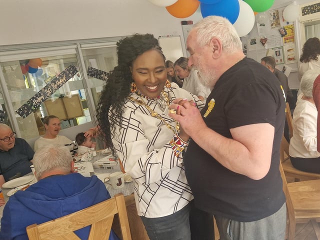 Colr Lilian Seenoi Barr, Mayor of Derry City & Strabane, dances with Dunvale House tenant John at the 30th anniversary celebration.