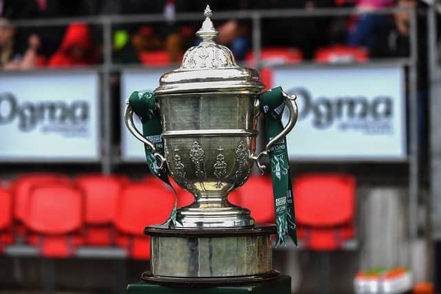 The Men’s FAI Cup on display at Brandywell. Photograph: George Sweeney