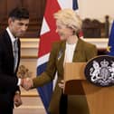 WINDSOR, ENGLAND - FEBRUARY 27: UK Prime Minister Rishi Sunak and EU Commission President Ursula von der Leyen shake hands as they hold a press conference at Windsor Guildhall on February 27, 2023 in Windsor, England. EU President Ursula Von Der Leyen travelled to the UK today to meet UK Prime Minister Rishi Sunak to sign off on the agreement on the post-Brexit trade arrangements for Northern Ireland. They agreed yesterday to continue their work in person towards shared, practical solutions for the range of complex challenges around the Protocol on Ireland and Northern Ireland. (Photo by Dan Kitwood/Getty Images)