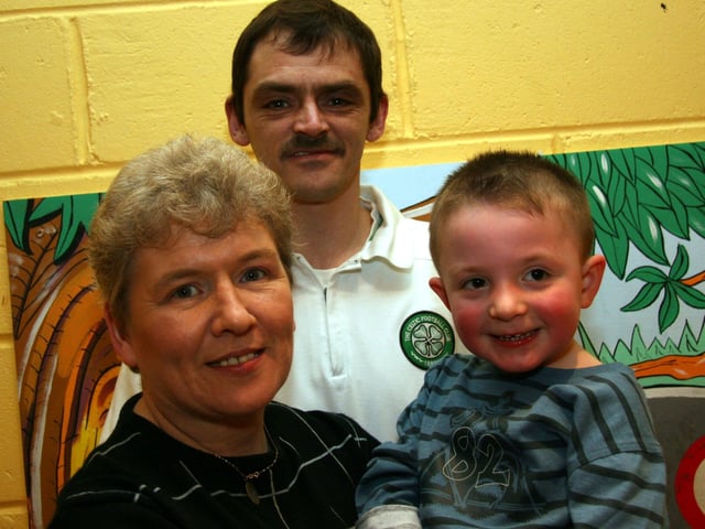 Birthday boy Tyler pictured with granny Janet and granda Myles 0018JML : Parties and celebrations April 2006: Tyler McMenamin.