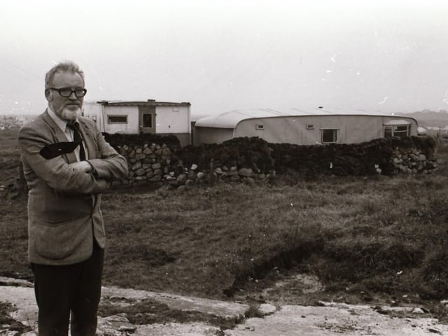 Derry Irish language activist Proinsias Ó Mianáin and committee members from the group he founded Cearta Gael at Cnoc Fola, Bloody Foreland. They made headlines as they protested calling for Mass to be delivered as gaeilge.