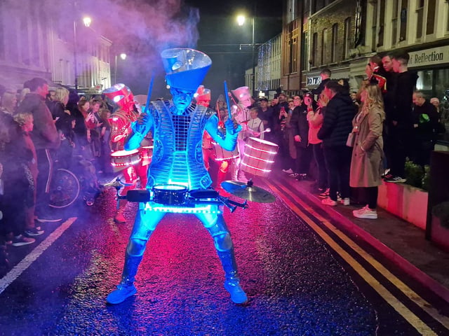 The amazing colourful drum band Spark! performing during Derry Halloween 2024.