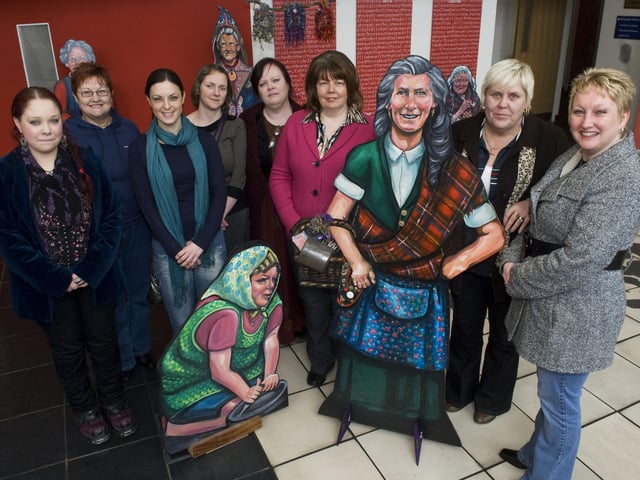Councillor Patricia Logue, third from right, representing the Mayor, pictured with members of the Eden Place Arts Centre at the exhibition of their work "Women's Real Lives" part of International Women's Day in The Verbal Arts Centre on Friday. Included are, from left, Aine Croston, Judy Logue, Claire McDermott, Beryl Stewart, Andrea Redmond, Susan Gill and Sharon Daly. LS11-162KM