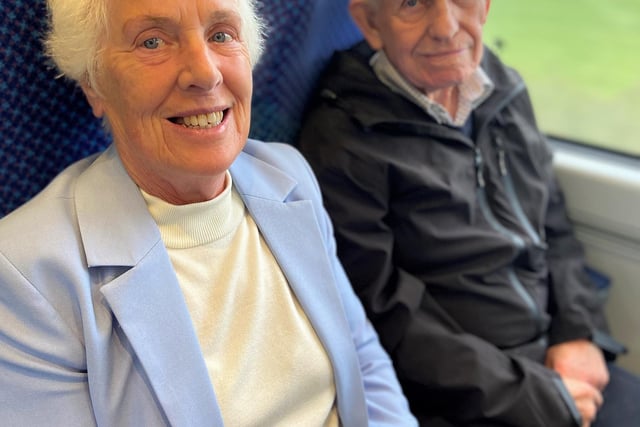 Kay and Jack McLaughlin enjoying the U3A Ukulele Band on the return journey from Coleraine to Derry