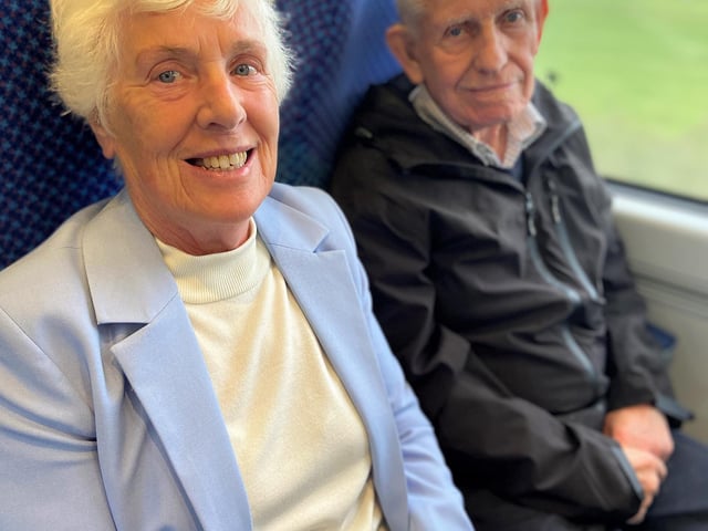 Kay and Jack McLaughlin enjoying the U3A Ukulele Band on the return journey from Coleraine to Derry