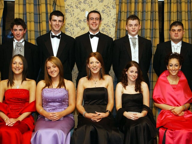 Front, from left, are Clare Wilkinson, Alish Collins, Clare Devine, Claire McLaughlin and Jennifer Wilkinson. Back, from left, are Conal Long, Stephen Campbell, Darryl O'Connor, Gary Tyre and Sean Finnegan. (1611C06) : Students and their guests pictured at the St Columb's College formal back in November 2004.