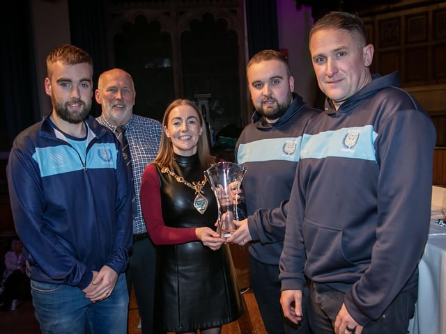 Representatives from Newbuildings Cricket Club, winners of the Team of the Year Award receiving their trophy from the Mayor, Grace Ui Niallais at the Annual Derry City and Strabane District Sports Awards 2026 in the Guildhall on Thursday night. Back centre is Bill Anderson, Chair, Sports Council. (Photos: Jim McCafferty Photography)