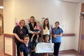 Pictured receiving the cheque at Altnagelvin Neonatal Intensive Care Unit are Sr Brown, NICU; Dr Moore, Paediatric registrar; and Sarah Wesierski Staff Nurse NICU.