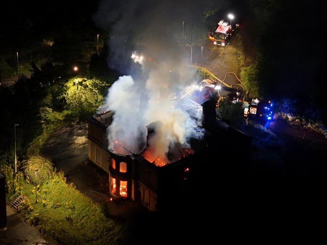 default : Dramatic aerial images of the fire at Duncreggan Road, which is being treated as deliberate. Images: Christopher Tarr.