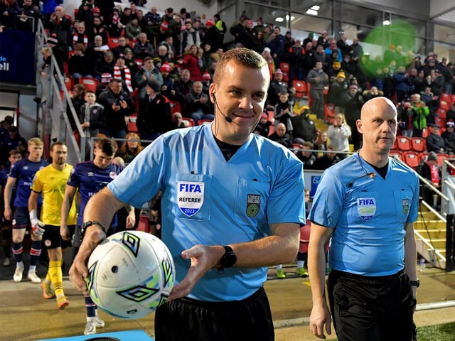 FIFA referee Robert Harvey was in charge of Derry City’s final game of the season game against St Patrick’s Athletic at the Brandywell on Friday evening. Photograph: George Sweeney.