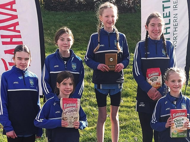 The Hollybush Girls' Cross Country team who came second in the Flahavan’s NI Cross Country Finals at the Belfast Playing Fields in February this year.. Included is Maeve O'Donnell who came fourth overall.