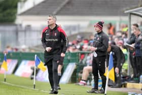 Derry manager Rory Gallagher on the line against Fermanagh during the Ulster Senior Football Championship quarter final.