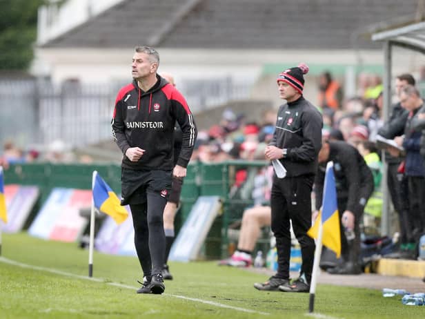 Derry manager Rory Gallagher on the line against Fermanagh during the Ulster Senior Football Championship quarter final.