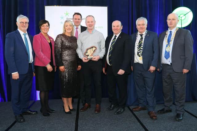 Donegal Enterprise Awards 2023 overall winner, Neil Crossan, Living Green, with John G. McLaughlin, Chief Executive, Donegal County Council, Meabh Conaghan, Regional Director, West and North West Regions, Enterprise Ireland, Brenda Hegarty, Head of Enterprise, Local Entreprise Office, Charlie McConalogue, TD, Minister for Agriculture, Food and the Marine, Garry Martin, Director of Economic Development, Emergency Services and Information Systems, Donegal County Council, Cllr Martin Harley, Cathaoirlech, Donegal County Council and Cllr. Kevin Bradley, Cathaoirleach of Letterkenny Municipal District. Picture: Declan Doherty
