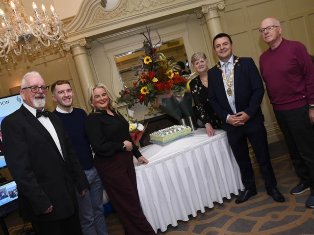 The Mayor Ruairi McHugh pictured at the GSAP 30th anniversary celebrations with committee members, Charlie McDaid, Caolan Campbell, Cllr Sandra Duffy, Marie Gillespie and Joe Martin. : .