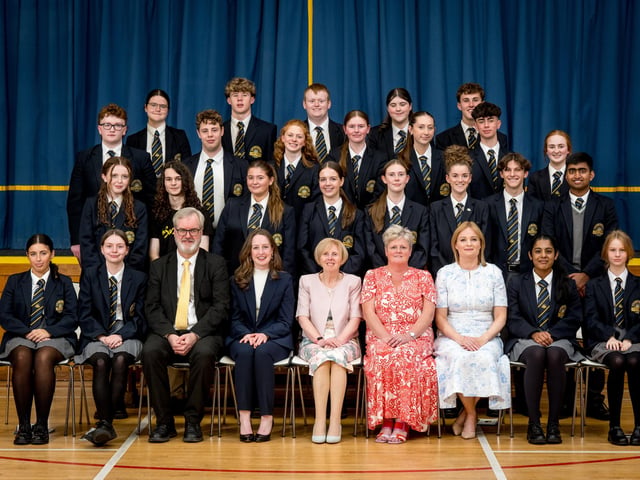 Recipients of School Ethos Awards in Year 12. Also pictured Mr Michael Kerlin (Senior Teacher), Dr Ailbhe Brady (Guest Speaker), Dr Marie Ferris (Principal),  Mrs Edel Moore (Chairperson, Board of Governors), Ms Catherine Hughes (Head of Year).