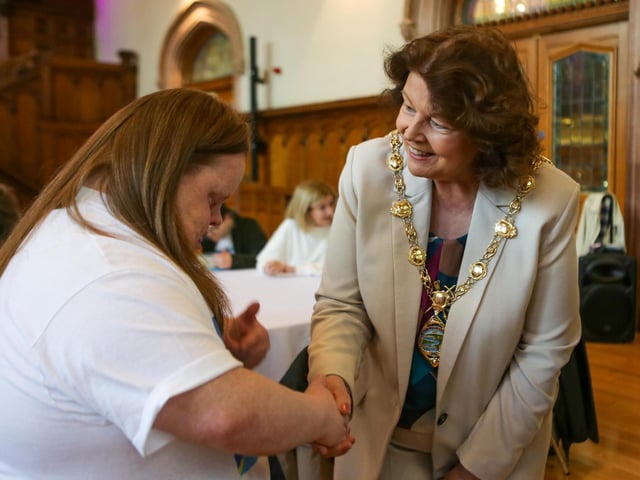 The Mayor of Derry and Strabane, Councillor Patricia Logue greets members of Skyzdalimit Theatre Group during a reception in the Guildhall. The group from Omagh, were here to promote their upcoming show which takes place in the Waterside Theatre on 29th June.