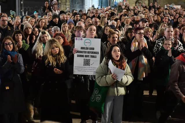Some of the large attendance at the Rally for Womens Safety held in the Guildhall Square on Friday evening. Photo: George Sweeney