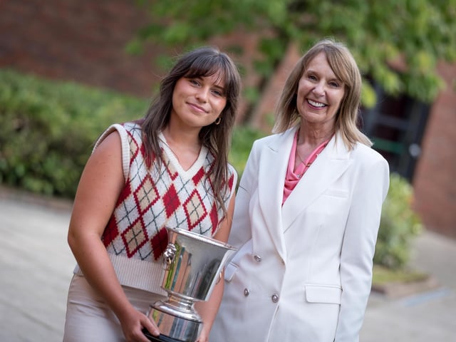 Sadie Sturgeon (winner of The Crossan Cup for Outstanding Achievement in the Humanities) and Mrs Faustina Graham (Chief Inspector of the Education and Training Inspectorate)