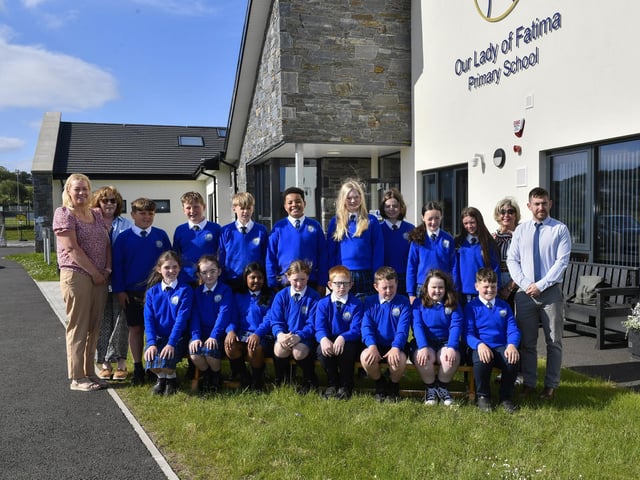 Mr O’Kane’s P7 class at Our Lady of Fatima Primary School. Included in the photograph are classroom assistants.