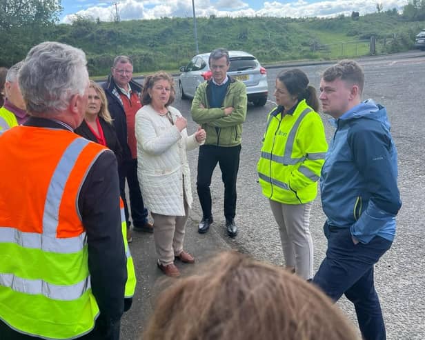 Liz Kimmins during a visit to Nixon's corner where she met with local political representatives and members of the community to discuss transport issues.