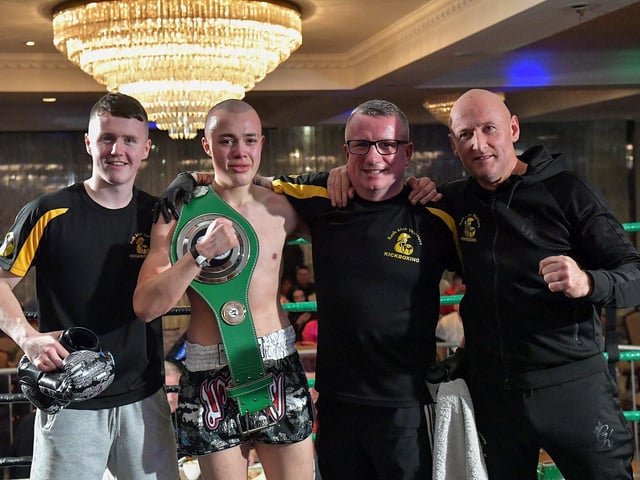 Rathmor Warriors’ Dylan Anderson defeated Hourican KB’s Josh King in a K1 bout on Saturday evening last in the Everglades Hotel. Photo: George Sweeney. DER2312GS – 75