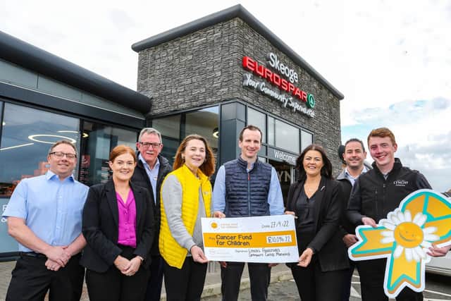 Pictured at EUROSPAR Skeoge are James Kelly, Danielle Johnston, Gregory Nicholl, Alex Murdock from Cancer Fund for Children, Conor Lynch Store Owner, Denise Ferguson, Alastair O’Connor and John Bradley.