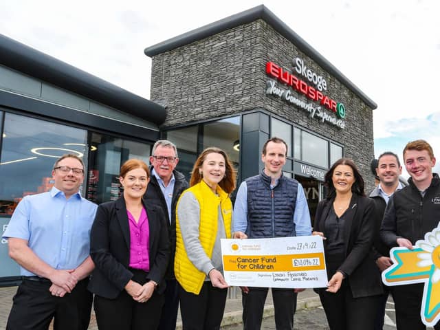 Pictured at EUROSPAR Skeoge are James Kelly, Danielle Johnston, Gregory Nicholl, Alex Murdock from Cancer Fund for Children, Conor Lynch Store Owner, Denise Ferguson, Alastair O’Connor and John Bradley.