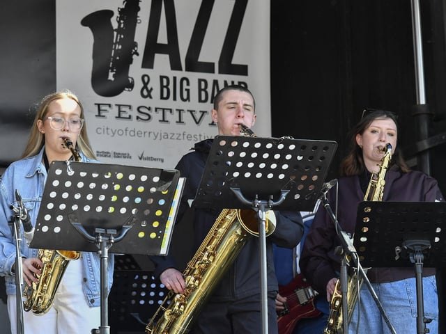 The Foyle College Band performs on the Gay McIntyre stage in Guildhall Square during the Jazz Festival.  Photo: George Sweeney