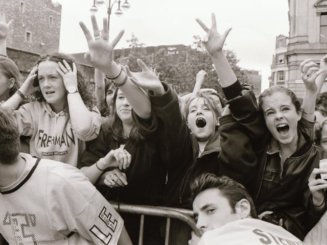 Ecstatic fans enjoying the BBC Radio 1 roadshow in 1993.
