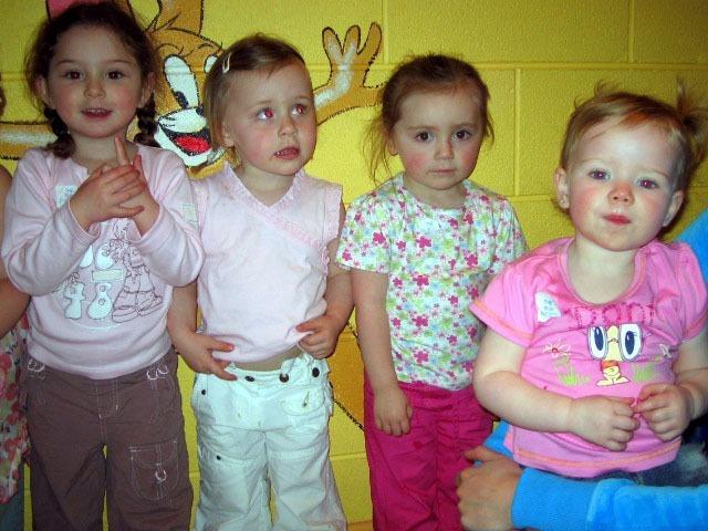 Party guests Olivia, Bella, Tegan and Ceili have fun at the fun Factory 0085JML : Parties in Derry in Spring 2006.