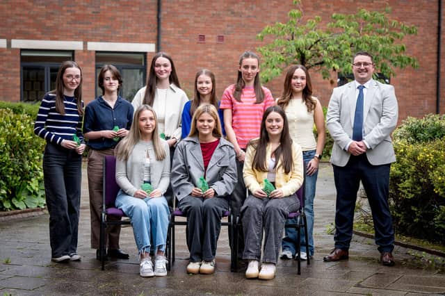Top Performing Students at A2 Level. Front Row: Megan Duffy, Roise Campbell, Ava Carlin. Back Row: Ellen Bradley, Robyn Foy, Faustina Collins, Shannon Boon, Sarah Drinan, Aimee Grace Doherty, Mr D. McCay (Head of Senior School)
