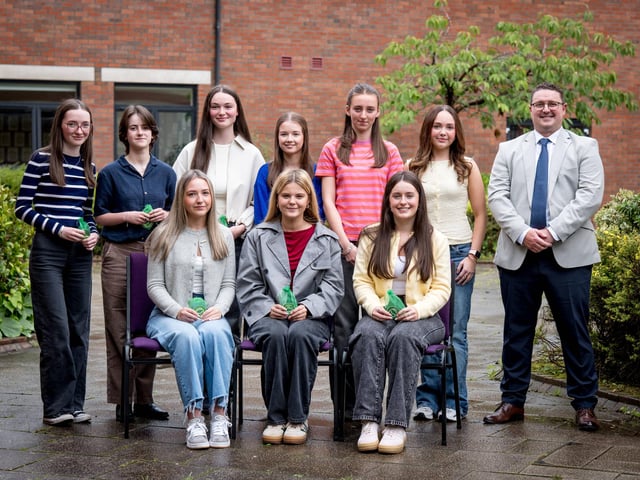 Top Performing Students at A2 Level. Front Row: Megan Duffy, Roise Campbell, Ava Carlin. Back Row: Ellen Bradley, Robyn Foy, Faustina Collins, Shannon Boon, Sarah Drinan, Aimee Grace Doherty, Mr D. McCay (Head of Senior School)