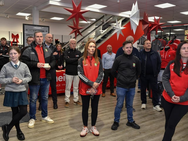 GAA fans gather at the launch of Derry’s new home and away jersey, for the 2026/2027 season at O’Neill’s sports store in Waterloo Place on Thursday evening. Photo: George Sweeney