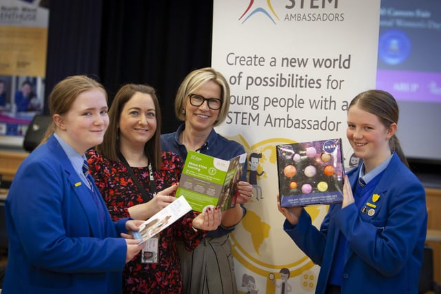 Celebrating International Women’s Day at Engineering Week on Wednesday last are Caoimhe Doherty, Melissa Nugent and Dr. Gill humes and Aoife Doherty, St. Mary’s College.