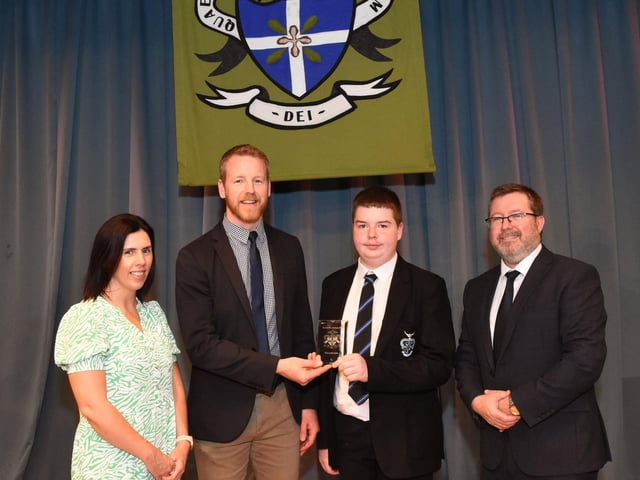 Year 10 Overall Commitment Prizewinner 2022-2023 Tiernan McLaughlin, pictured with Mrs D Duffy, Senior Teacher, Mr G Millar, Year Head and Mr J Johnston, Acting Vice Principal.