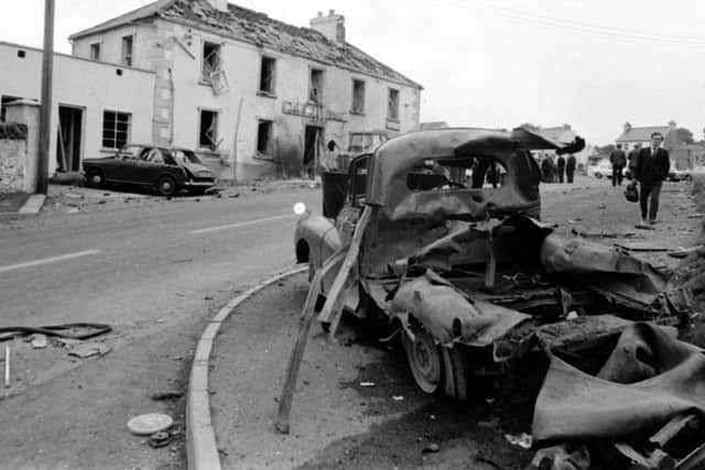 The scene outside the Beaufort Hotel, in Claudy on July 31, 1972, after three car bombs exploded killing nine people.