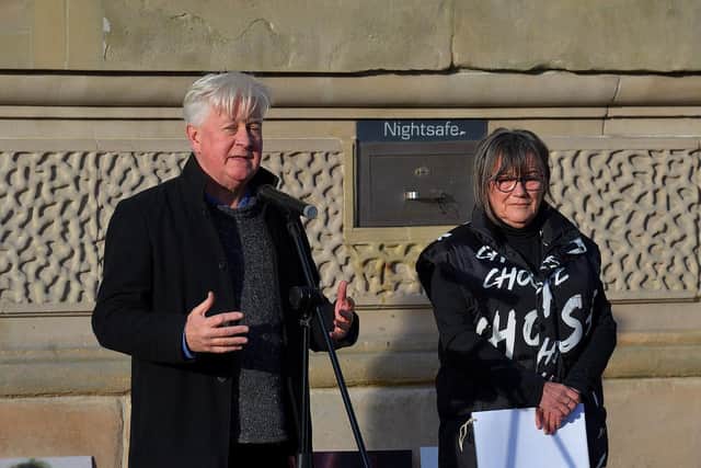 Paul O’Connor, Pat Finucane Centre, and Minty Thompson, whose mother Kathleen was killed on November 6, 1971 by a British soldier, spoke at the ‘Bin the Legacy Bill’ protest, organised by The Bloody Sunday Trust and the Pat Finucane Centre, at Guildhall Square on Wednesday afternoon. Photo: George Sweeney. DER2247GS – 60