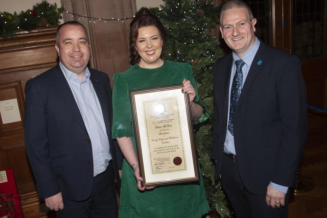 Derry Girls writer Lisa McGee pictured with Councillors Brian Tierney and Martin O’Reilly.