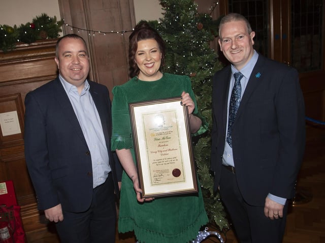 Derry Girls writer Lisa McGee pictured with Councillors Brian Tierney and Martin O’Reilly.