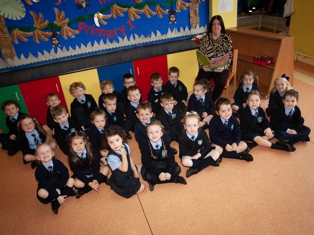 Mrs. Debra White with her Primary One class at Hollybush Primary School. (Photos: Jim McCafferty Photography)
