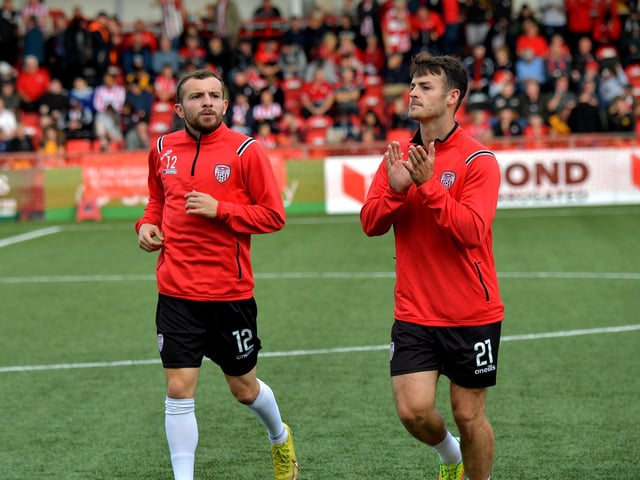 Derry City’s Paul McMullan and Danny Mullen finish their warm up before the Europa Conference game against KuPs FC at the Brandywell on Thursday evening. Photo: George Sweeney. DER2330GS -