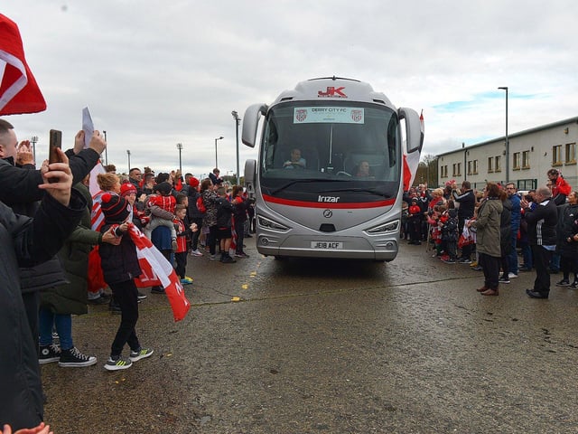 The Derry City team bus departs Brandywell Stadium on Saturday morning for Dublin ahead of tomorrow’s FAI Cup Final against Shelbourne. George Sweeney. DER2244GS – 58