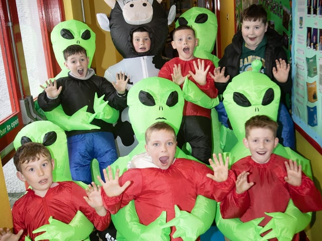 An alien invasion in the school corridor at Hollybush on Wednesday morning as Halloween celebrations get under way. : .
