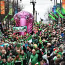 The Derry St Patrick’s Day parade makes its way towards the city centre on Monday afternoon. Photo: George Sweeney.